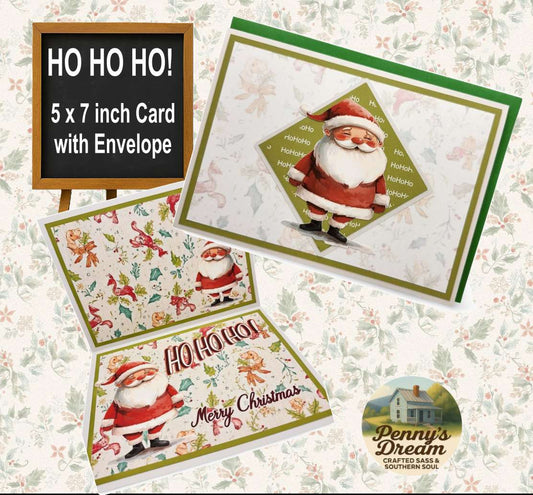 Christmas card with Santa Claus design on a floral background, featuring 'Penny's Dream' branding.