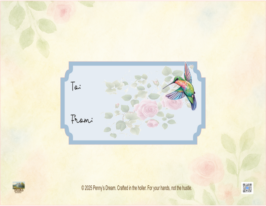 Note card with a colorful hummingbird illustration on a pastel floral background
