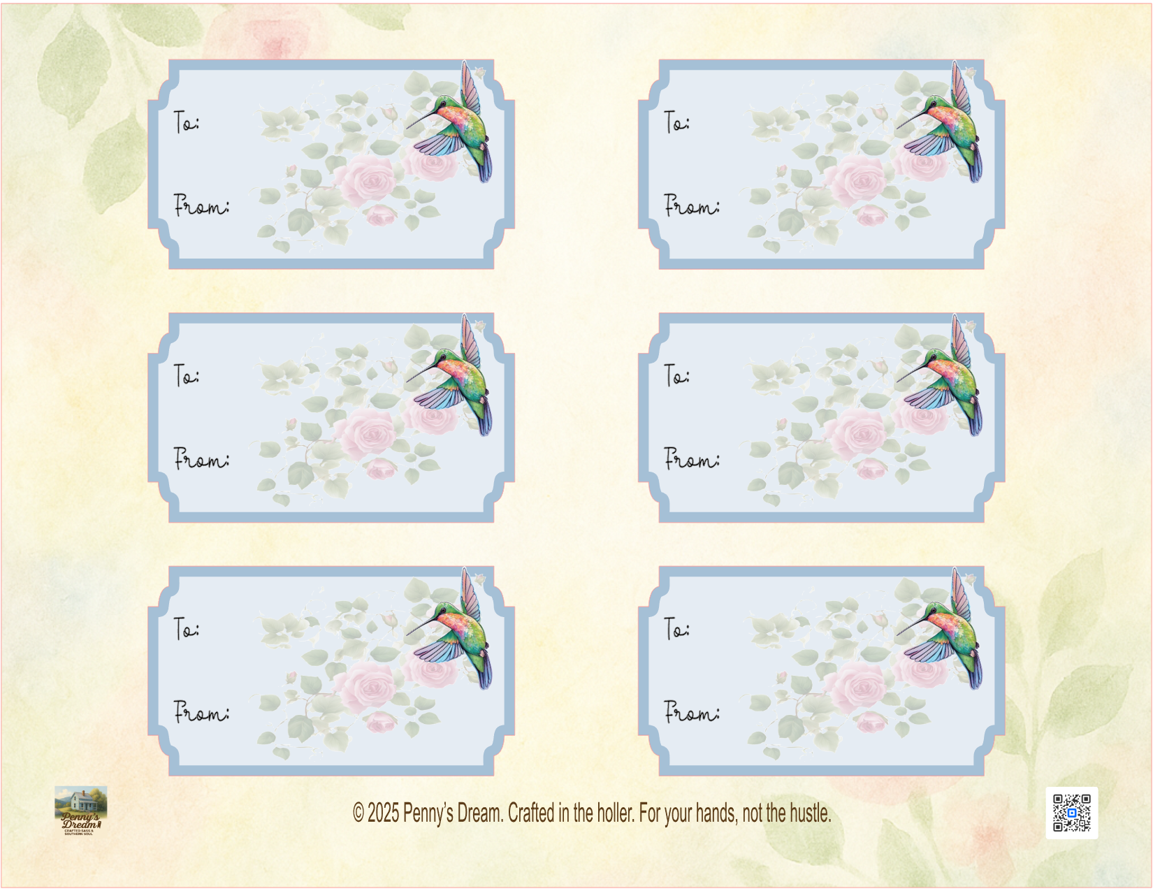 Set of six decorative labels with hummingbirds and floral designs on a light background.