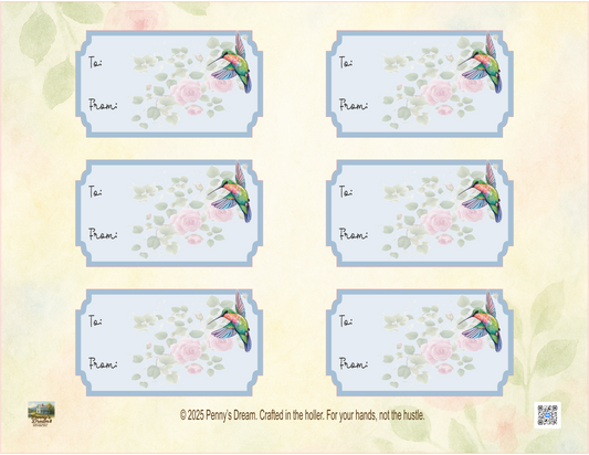 Set of six decorative labels with hummingbirds and floral designs on a light background.