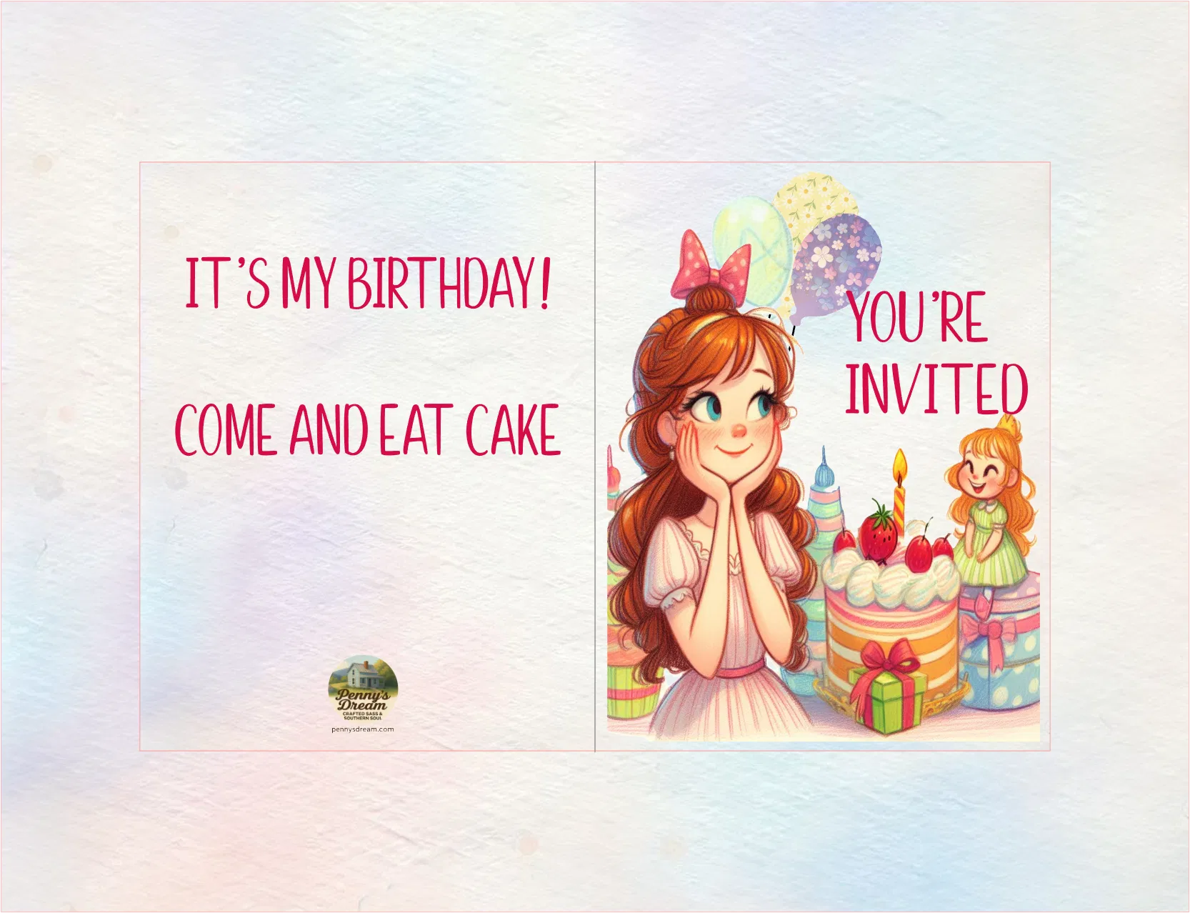 Birthday invitation card with a girl and cake illustration on a light background