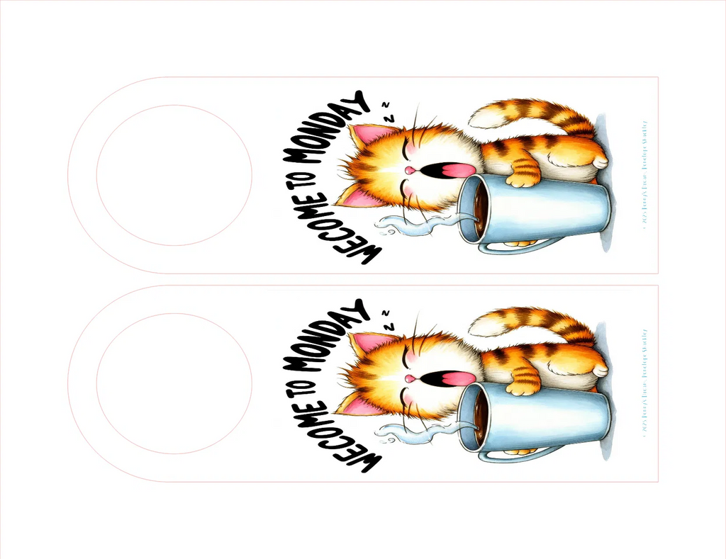 Two cartoon cats drinking from mugs with 'Welcome to Monday!' text on a white background.