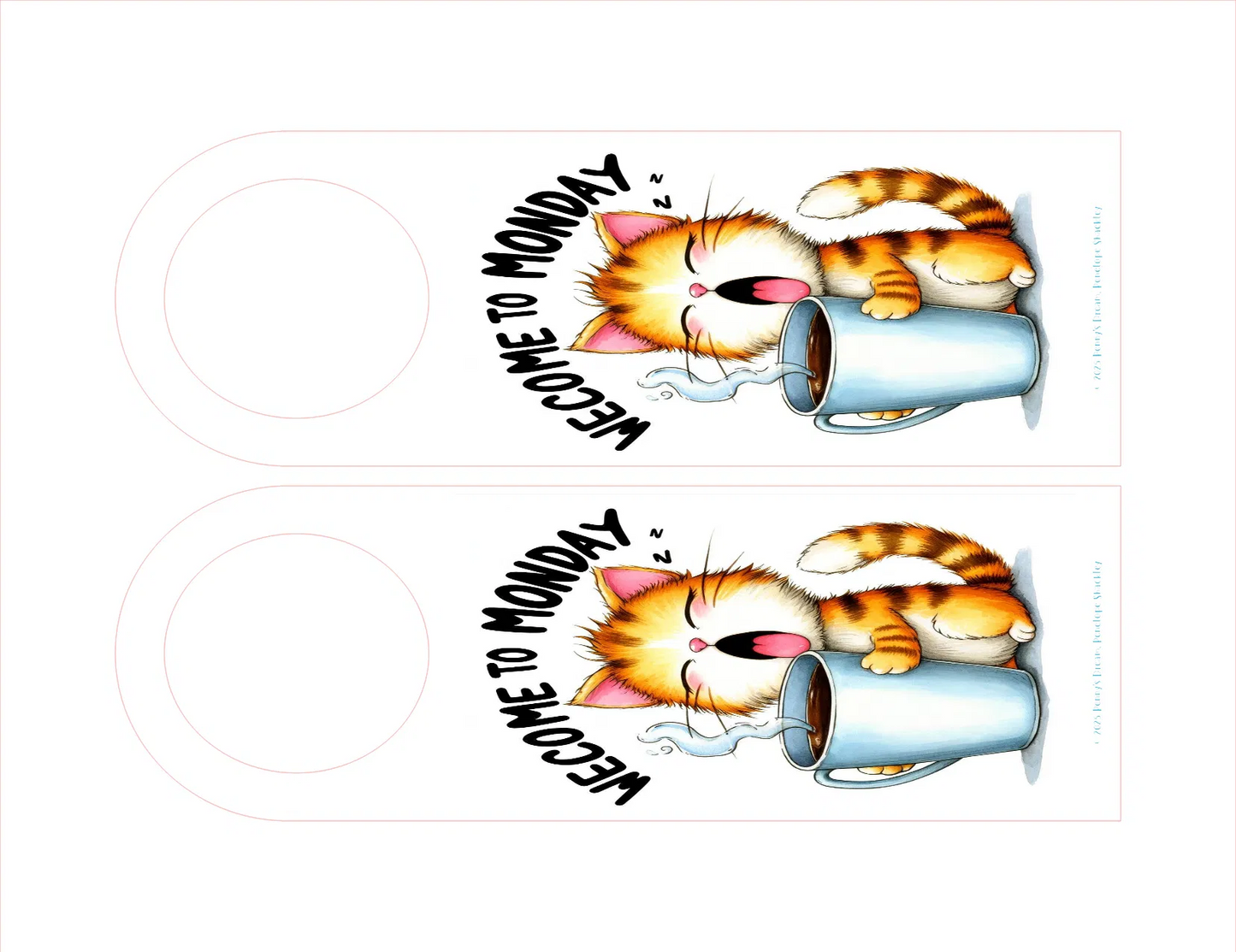 Two cartoon cats drinking from mugs with 'Welcome to Monday!' text on a white background.