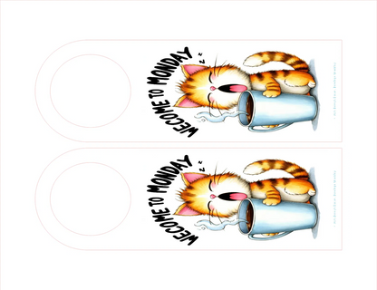 Two cartoon cats drinking from mugs with 'Welcome to Monday!' text on a white background.