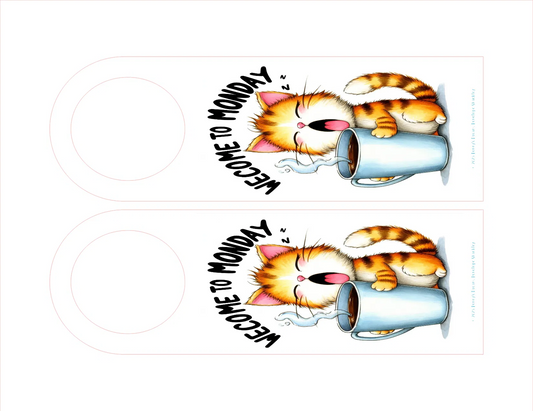 Two cartoon cats drinking from mugs with 'Welcome to Monday!' text on a white background.