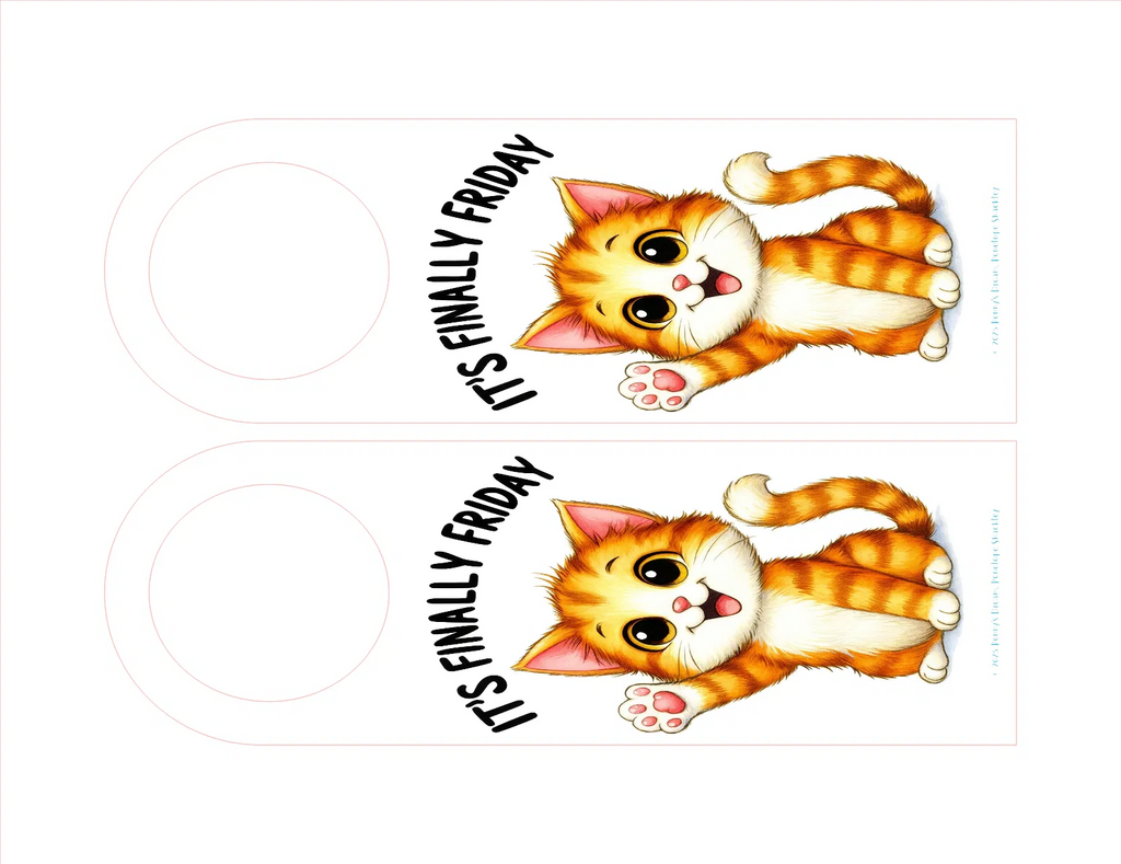 Two cartoon cats with 'It's Finally Friday' text on a white background