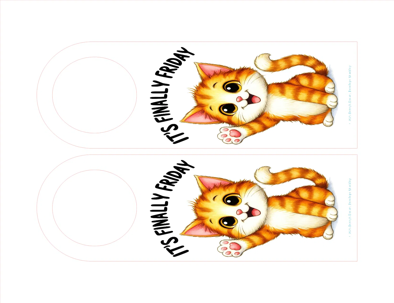 Two cartoon cats with 'It's Finally Friday' text on a white background