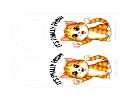 Two cartoon cats with 'It's Finally Friday' text on a white background