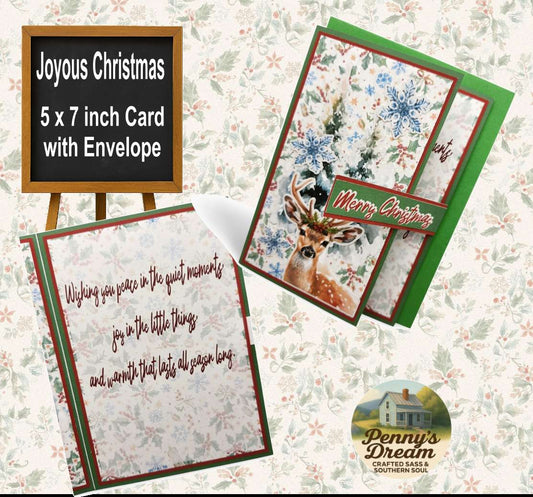 Two Christmas cards with envelopes on a floral background, featuring a deer and snowflake design.