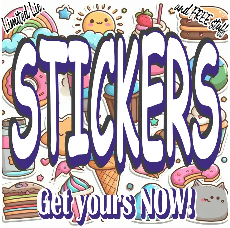 Promotional graphic for stickers with various cartoon illustrations and text.