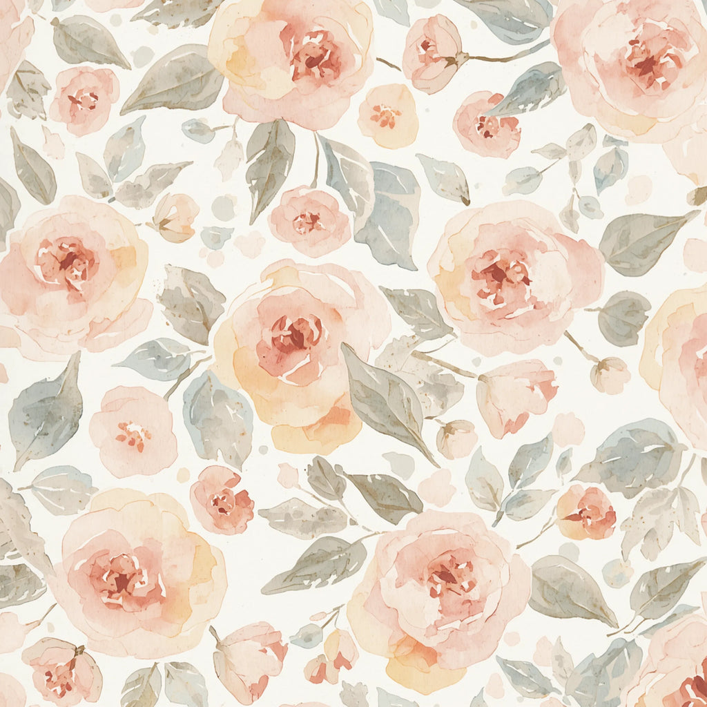 Floral pattern with pink and green flowers on a white background