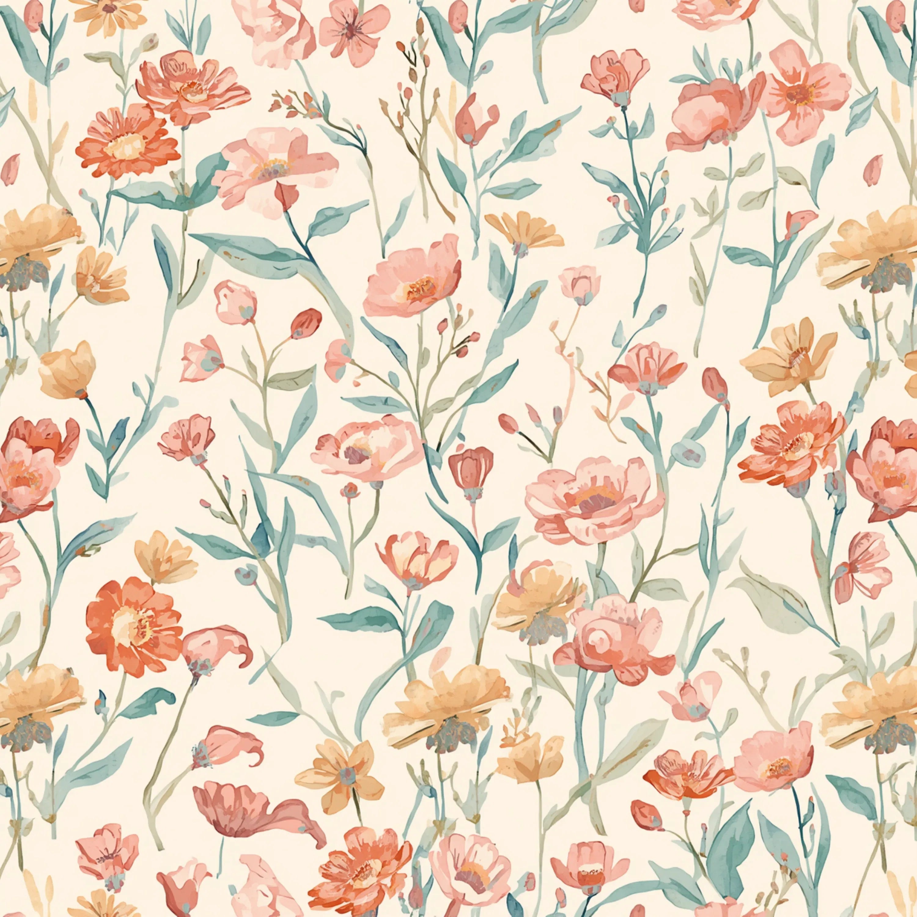 Floral pattern with pink and orange flowers on a beige background