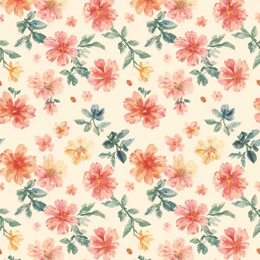 Floral pattern with pink and orange flowers on a beige background