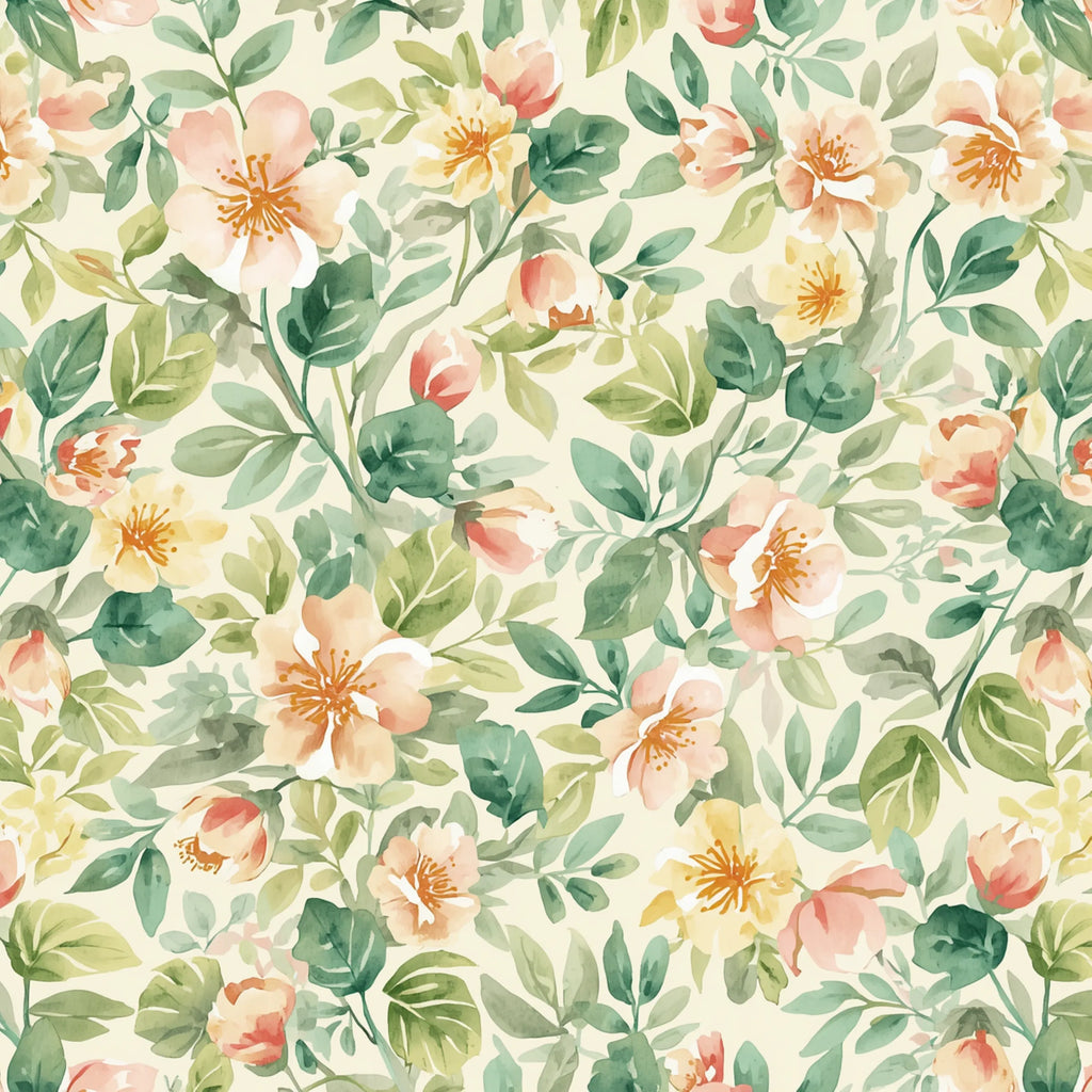 Floral pattern with pink and yellow flowers on a light green background