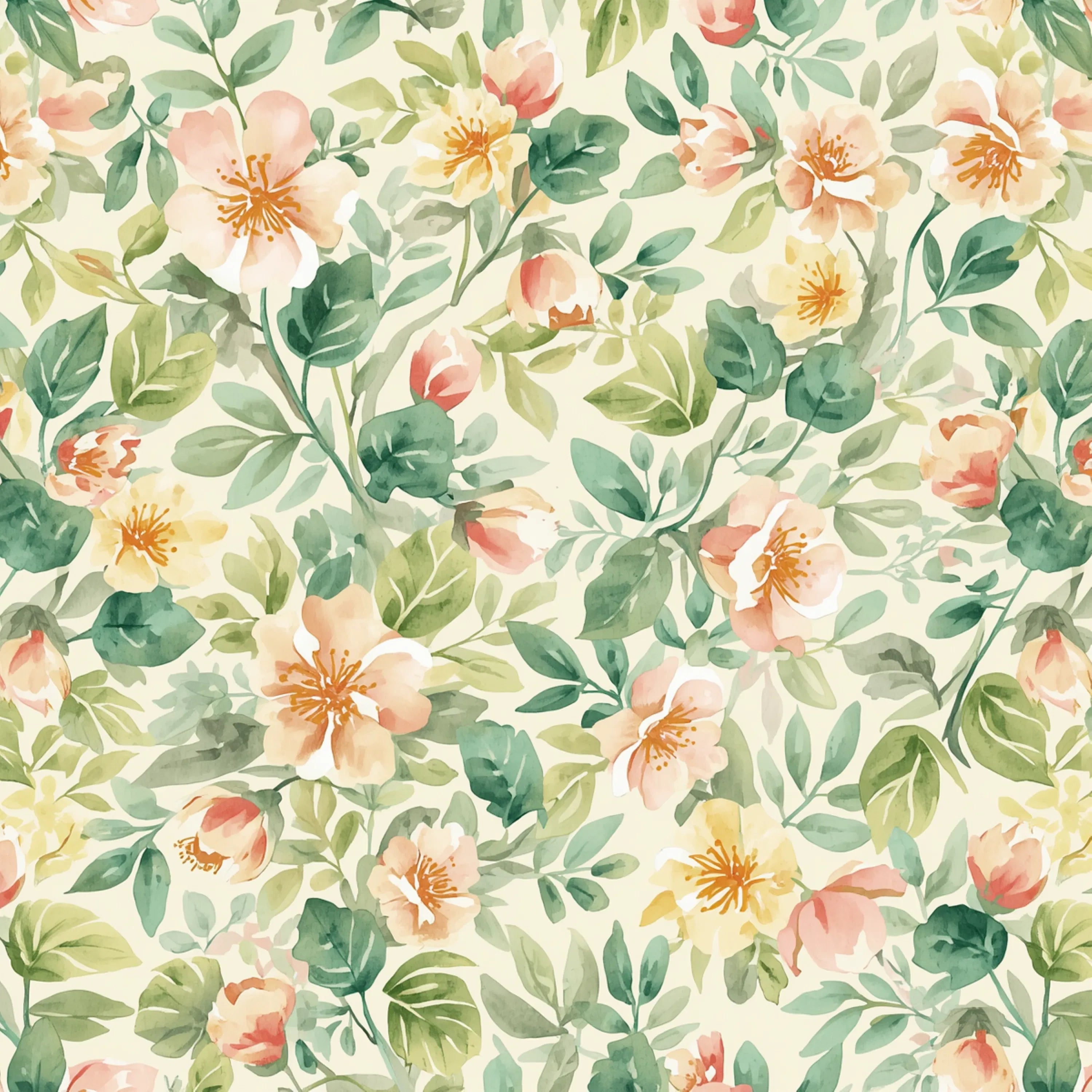Floral pattern with pink and yellow flowers on a light green background