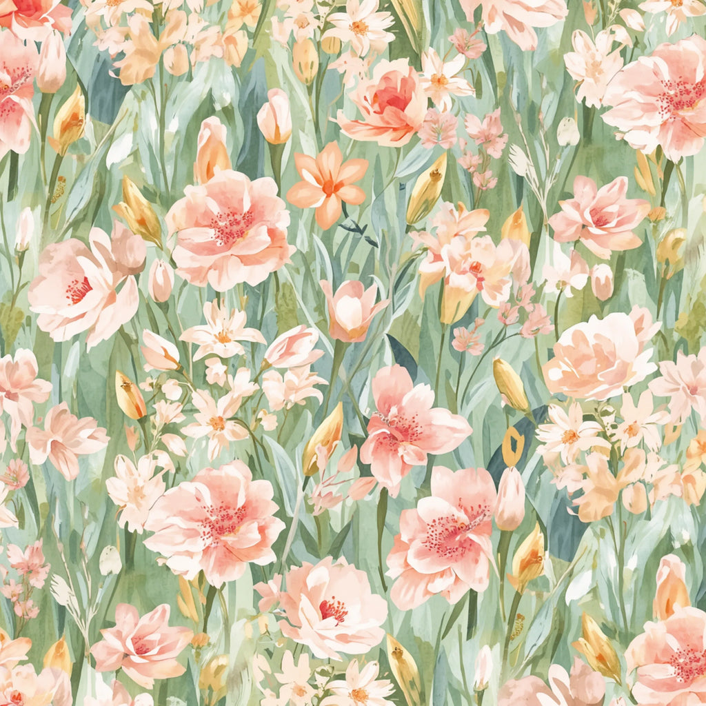Pattern of pink and peach flowers with green leaves on a light green background