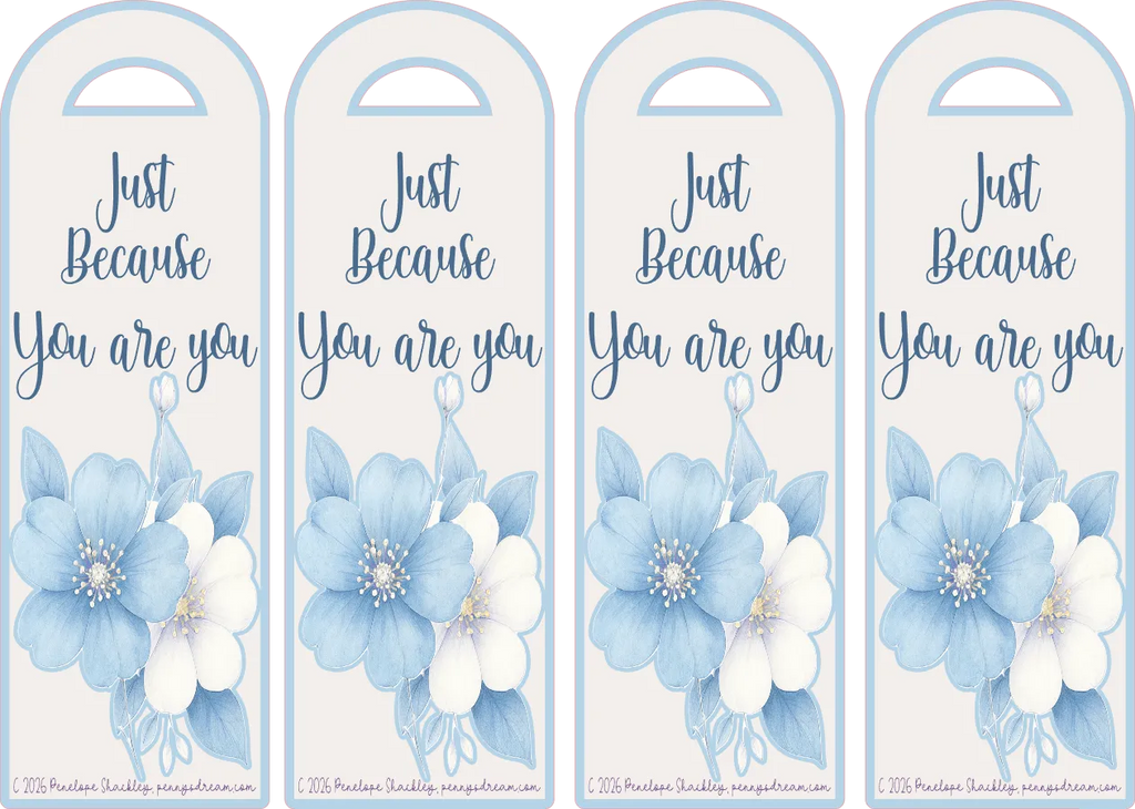 Four blue floral bookmarks with text on a white background