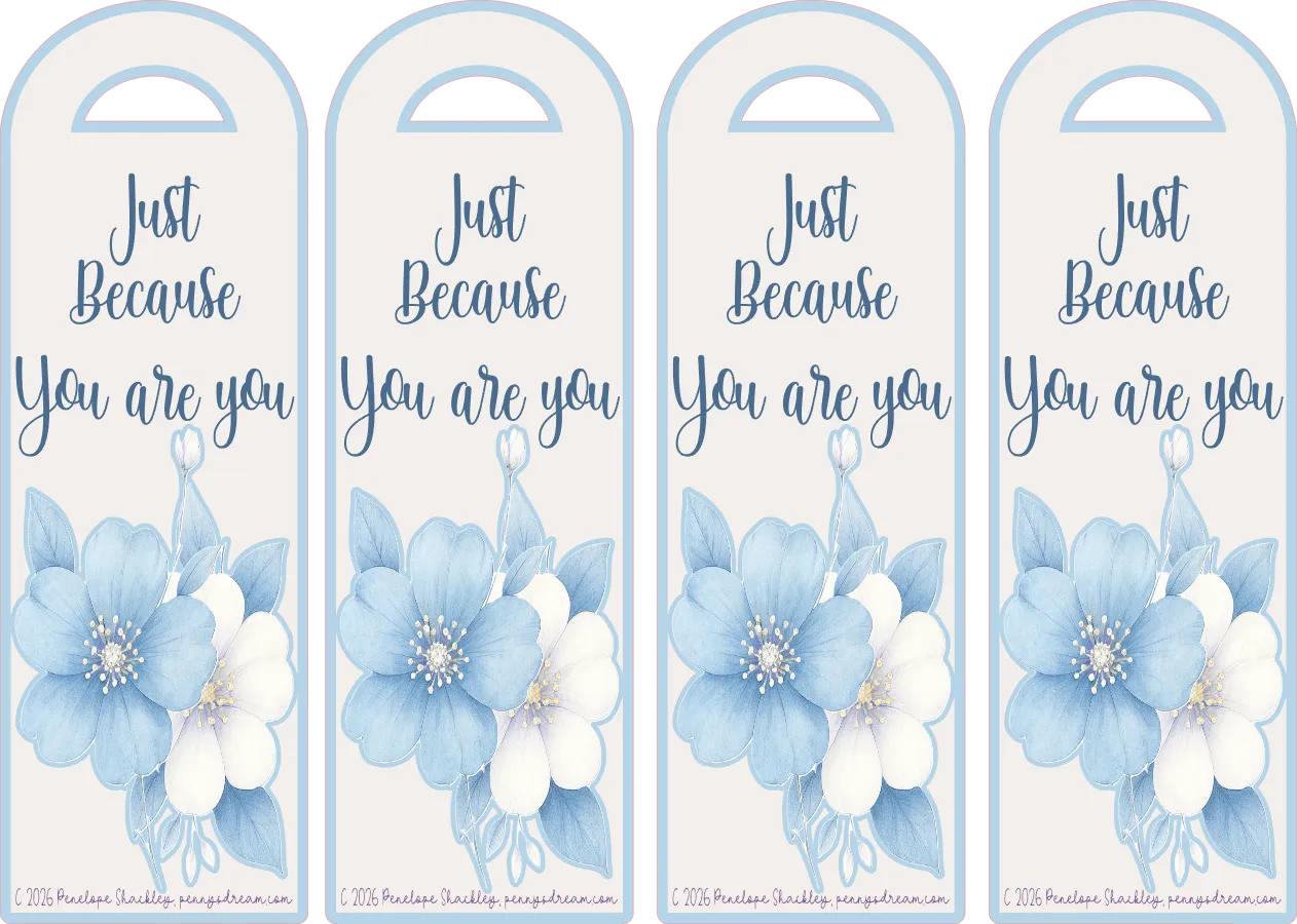 Four blue floral bookmarks with text on a white background