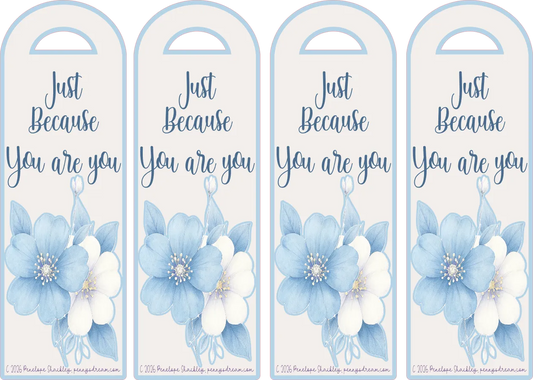 Four blue floral bookmarks with text on a white background