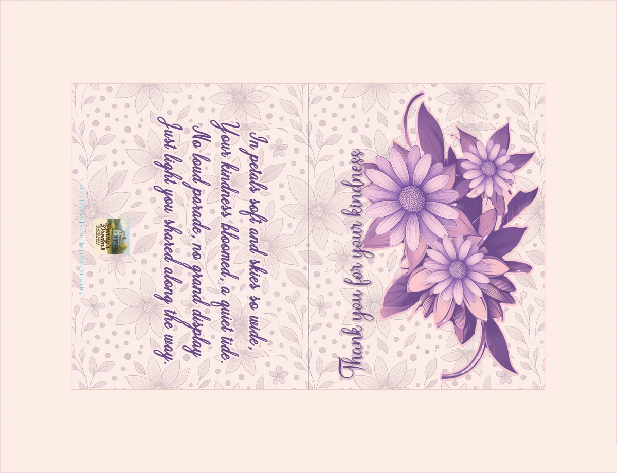 Greeting card with purple flowers and text on a light background