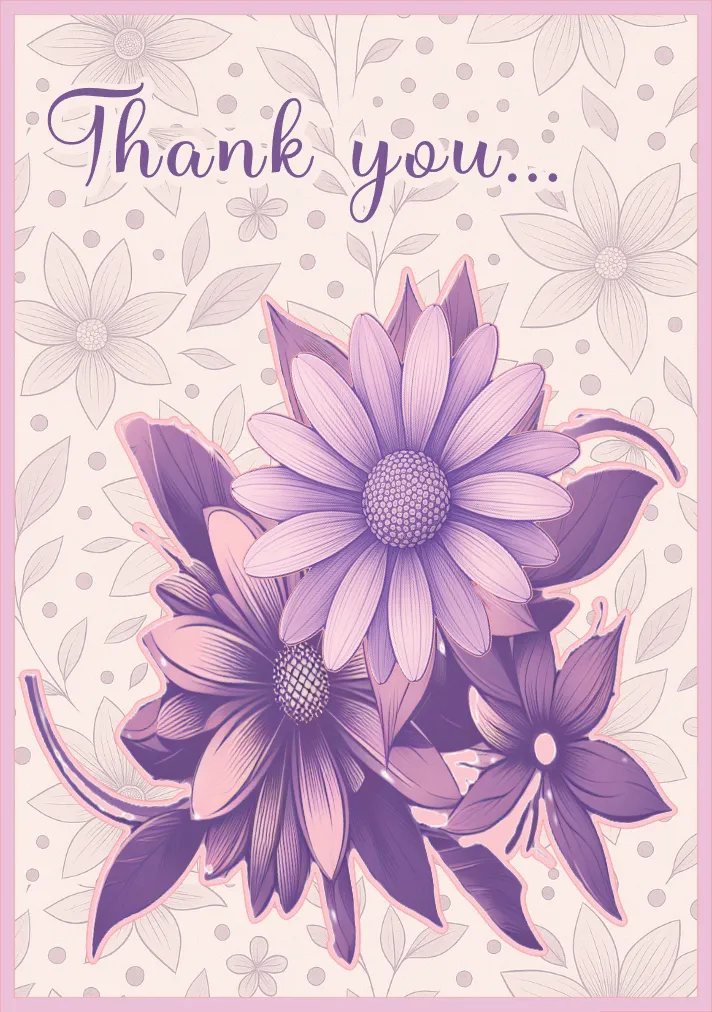 Floral card with purple flowers and 'Thank you' text on a light pink background
