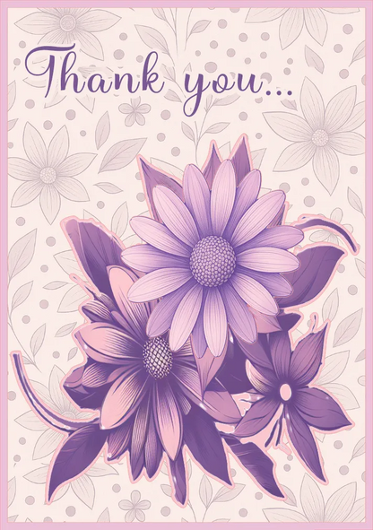 Floral card with purple flowers and 'Thank you' text on a light pink background