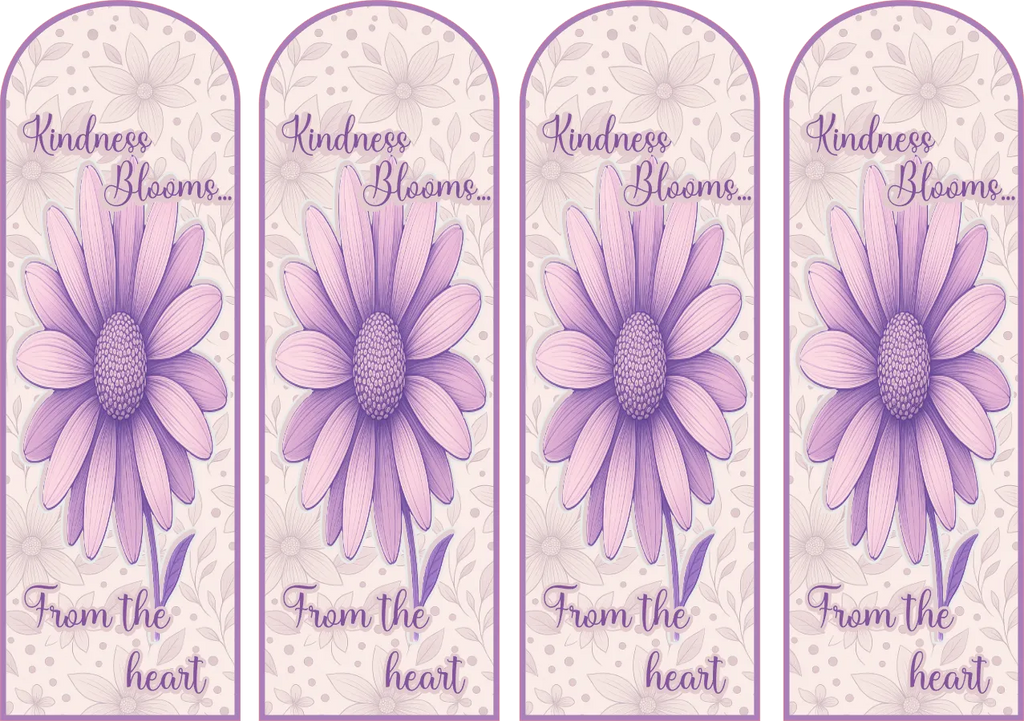 Four purple flower bookmarks with 'Kindness Blooms From the Heart' text on a light background.