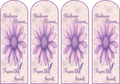 Four purple flower bookmarks with 'Kindness Blooms From the Heart' text on a light background.