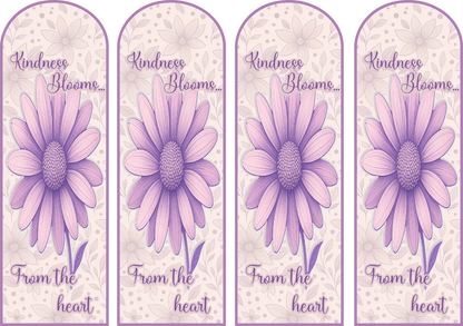 Four purple flower bookmarks with 'Kindness Blooms From the Heart' text on a light background.