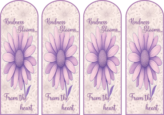 Four purple flower bookmarks with 'Kindness Blooms From the Heart' text on a light background.