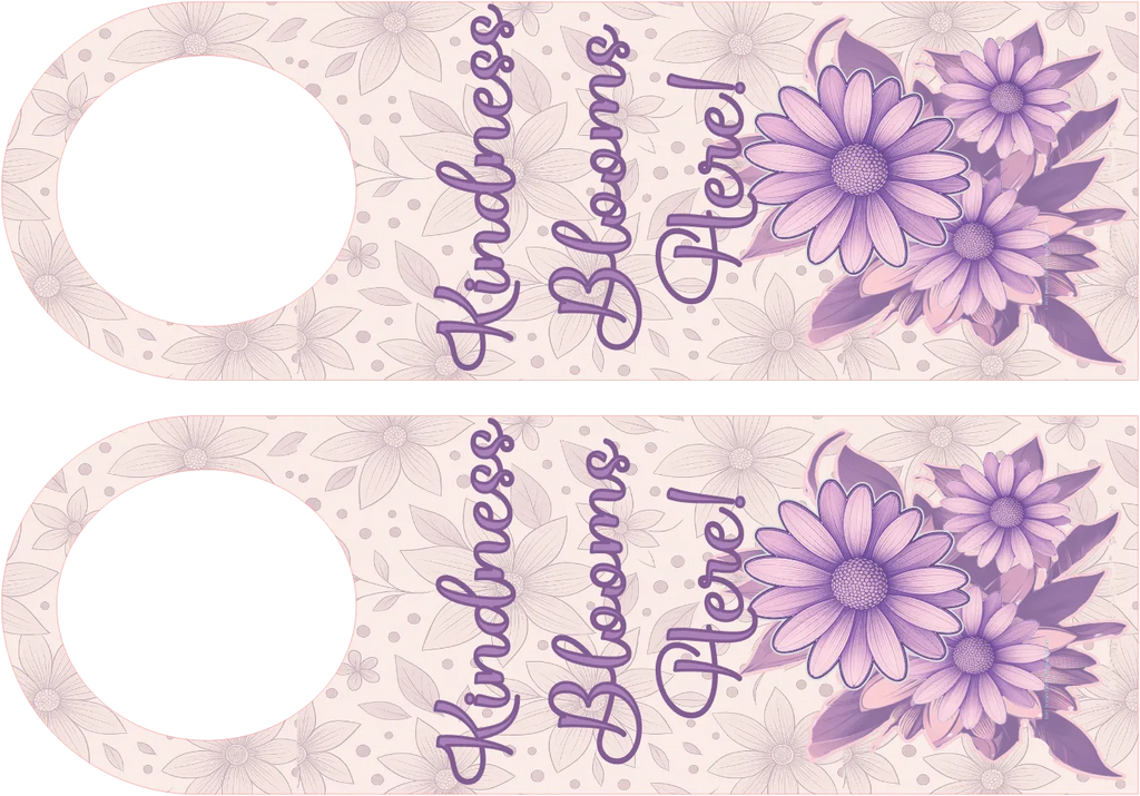 Decorative door hanger with purple flowers and 'Kindness Blooms Here!' text on a light pink background.