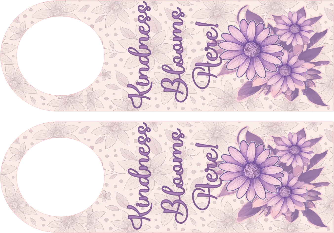 Decorative door hanger with purple flowers and 'Kindness Blooms Here!' text on a light pink background.