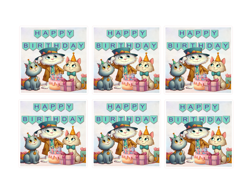 Set of six birthday cards with cartoon cats and a cake on a white background