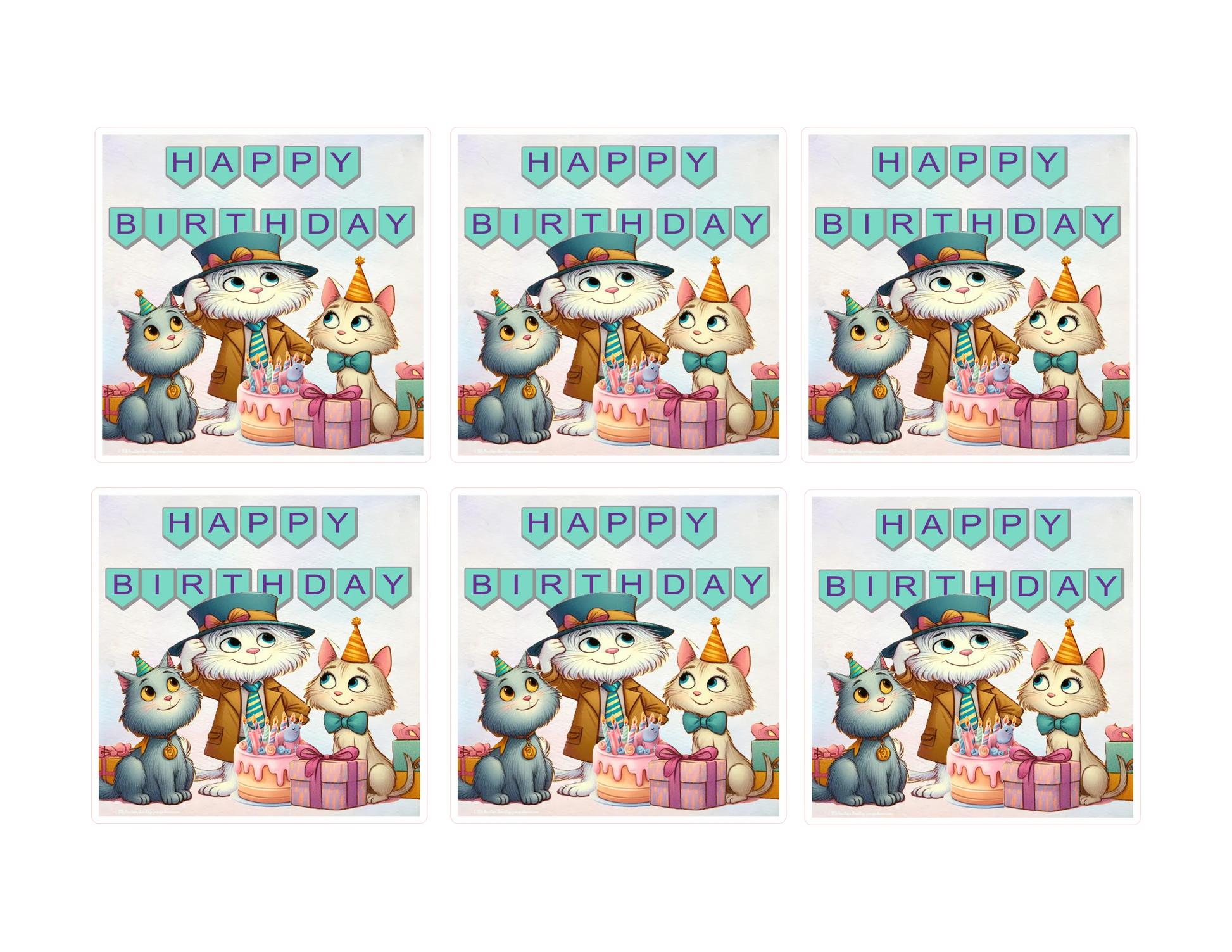 Set of six birthday cards with cartoon cats and a cake on a white background