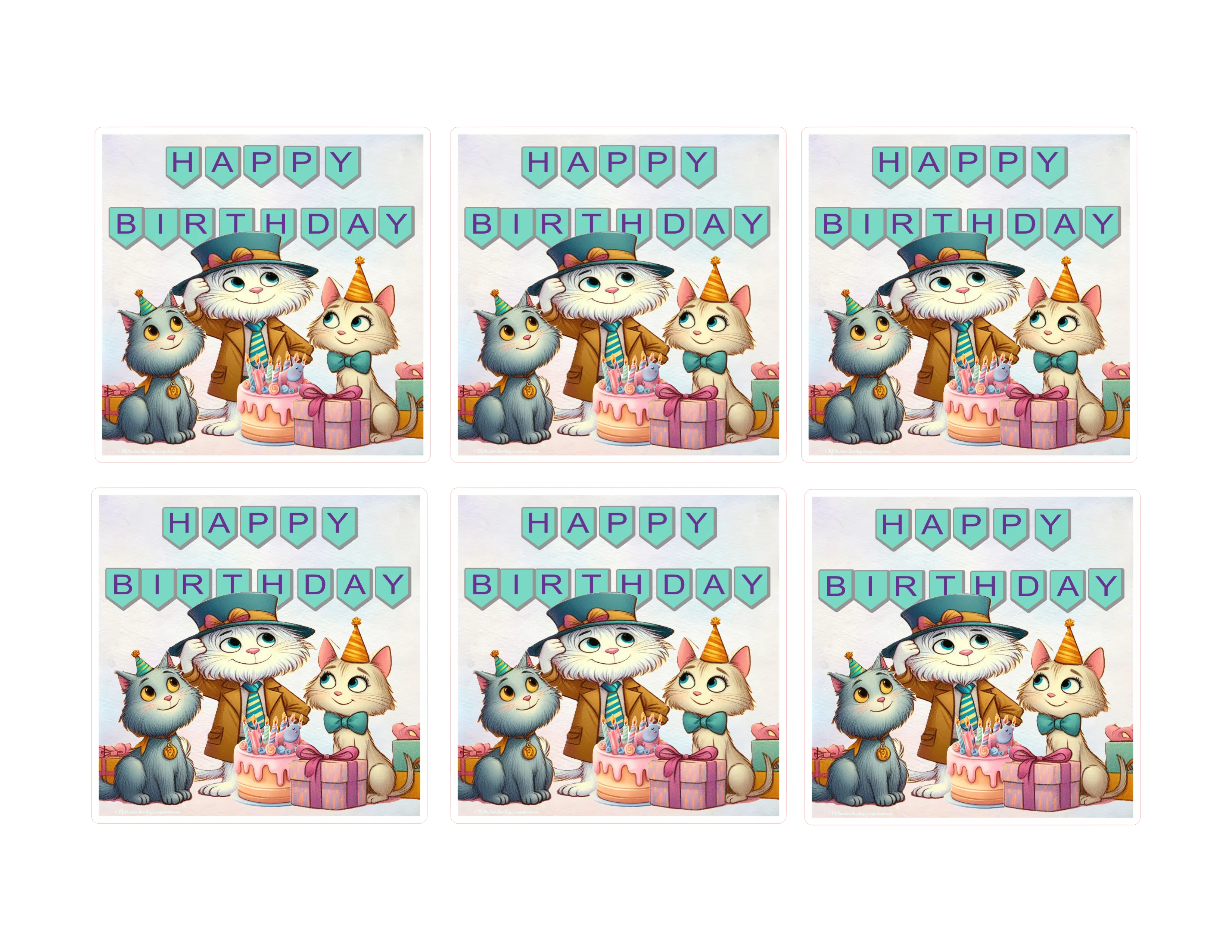 Set of six birthday cards with cartoon cats and a cake on a white background