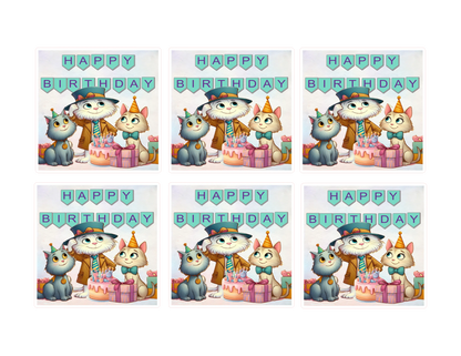 Set of six birthday cards with cartoon cats and a cake on a white background