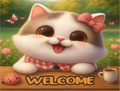 Cartoon cat with a bow and checkered shirt sitting on a table with 'WELCOME' text and a cup of coffee.