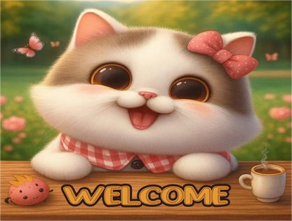 Cartoon cat with a bow and checkered shirt sitting on a table with 'WELCOME' text and a cup of coffee.