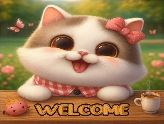 Cartoon cat with a bow and checkered shirt sitting on a table with 'WELCOME' text and a cup of coffee.