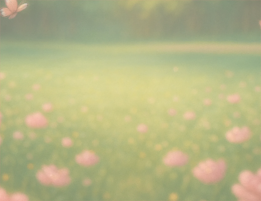 Blurred image of a field with pink flowers and green grass