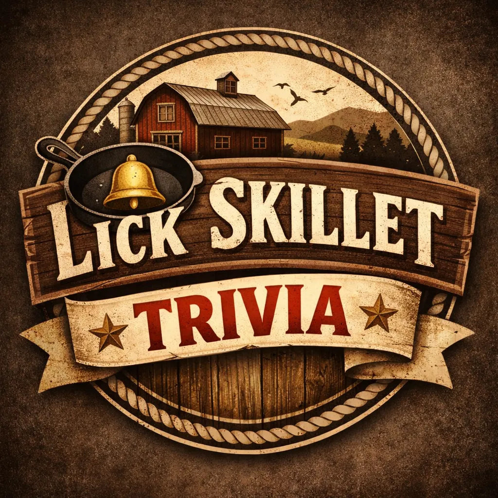 Rustic circular badge-style graphic reading 'Lick Skillet Trivia' with a small frying pan, gold bell, barn scene, birds, mountains, and stars on a brown textured background.