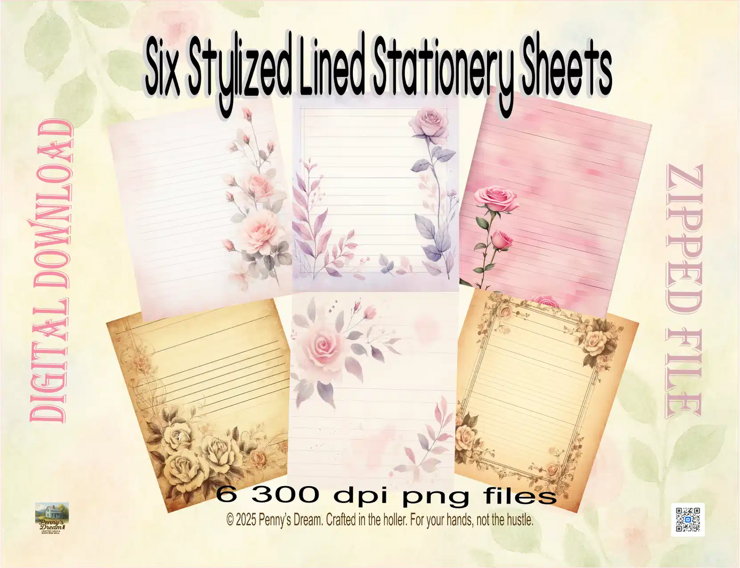 Stylized lined stationery sheets with floral designs on a light background, digital download information included.