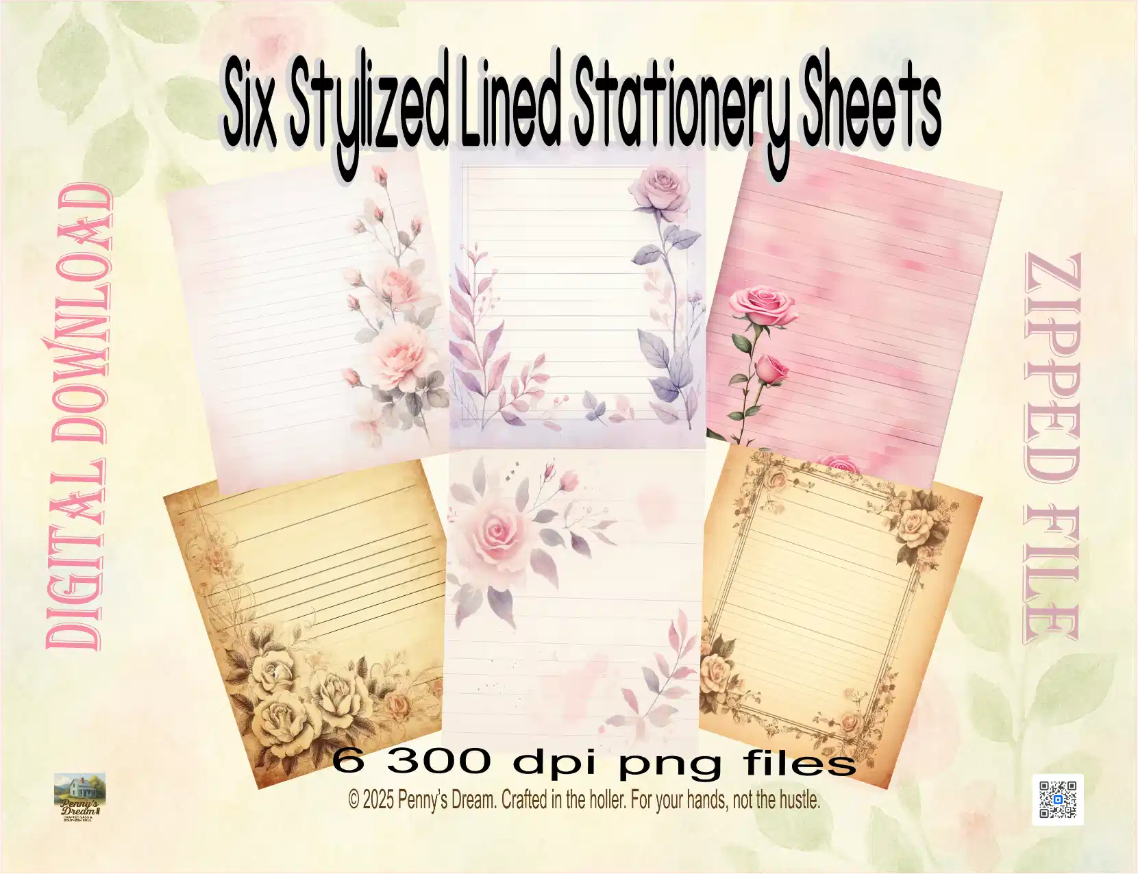 Stylized lined stationery sheets with floral designs on a light background, digital download information included.