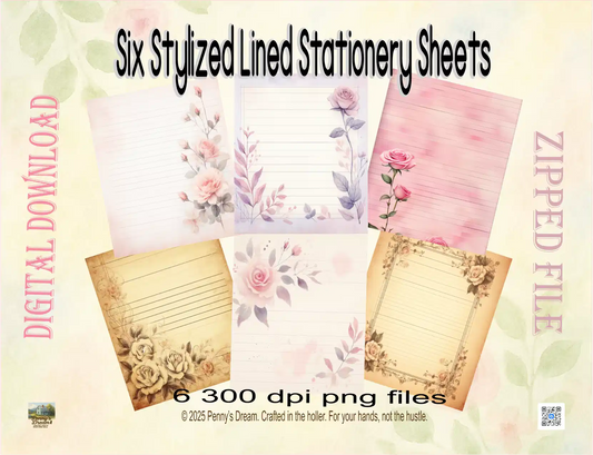 Stylized lined stationery sheets with floral designs on a light background, digital download information included.