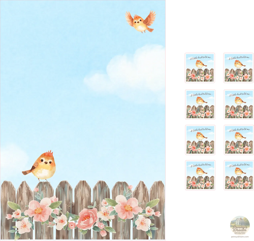A decorative printed design sheet with a light blue sky, white clouds, a wooden fence, pink flowers, and two small birds, plus a column of nine smaller preview thumbnails on the right. The sheet appears to be the product being sold rather than an auxiliary chart, so this fits Product/Packaging rather than Measurement Chart or Instruction Diagram.