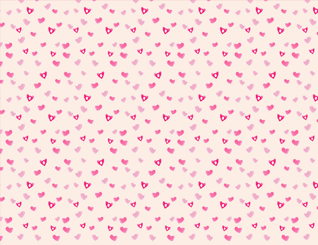 A repeating pattern of small pink hearts in varying sizes on a pale blush pink background.