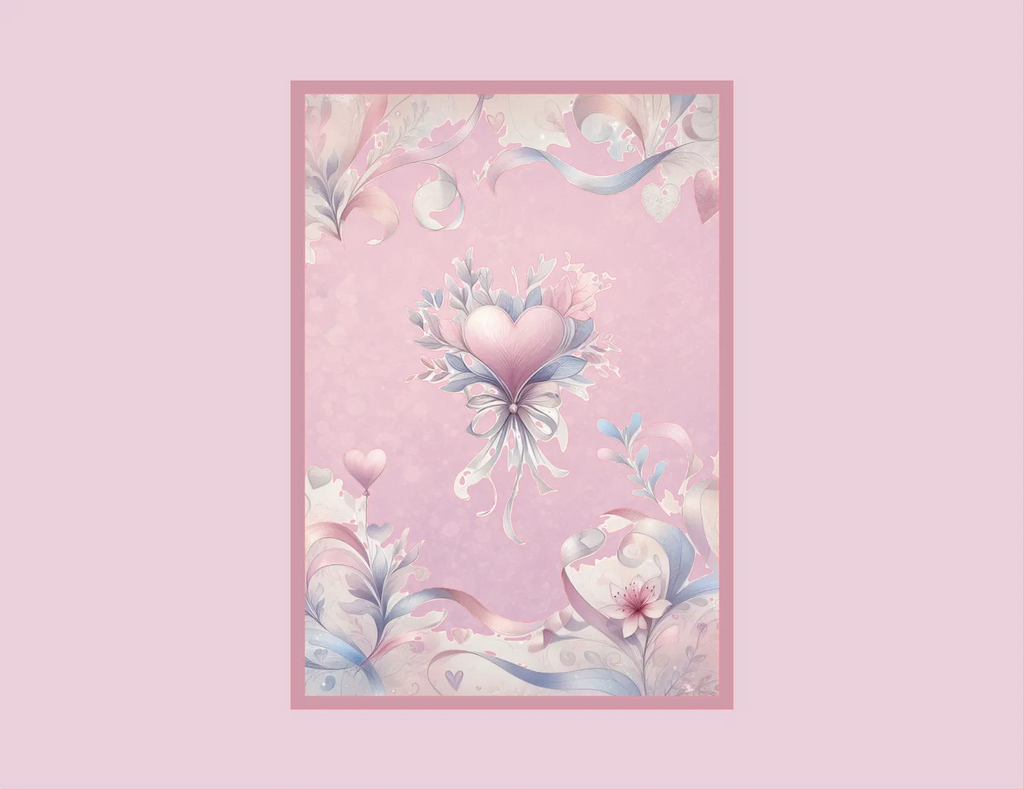 A vertical art print featuring a pastel pink and lavender illustration of a heart-shaped bouquet, delicate leaves, and floating hearts, framed by a pink border against a solid pink background.