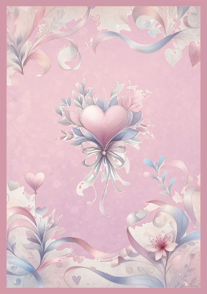 A romantic pastel pink illustration featuring a central heart-shaped bouquet with pale blue and white floral accents, ribbons, and decorative hearts on a soft pink background.