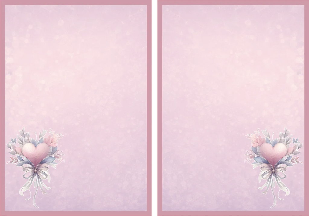 A symmetrical digital design featuring two matching vertical panels with a soft pink and lavender background, decorated with a heart-shaped floral bouquet in the bottom-left corner.