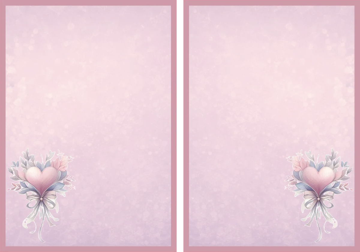 A symmetrical digital design featuring two matching vertical panels with a soft pink and lavender background, decorated with a heart-shaped floral bouquet in the bottom-left corner.